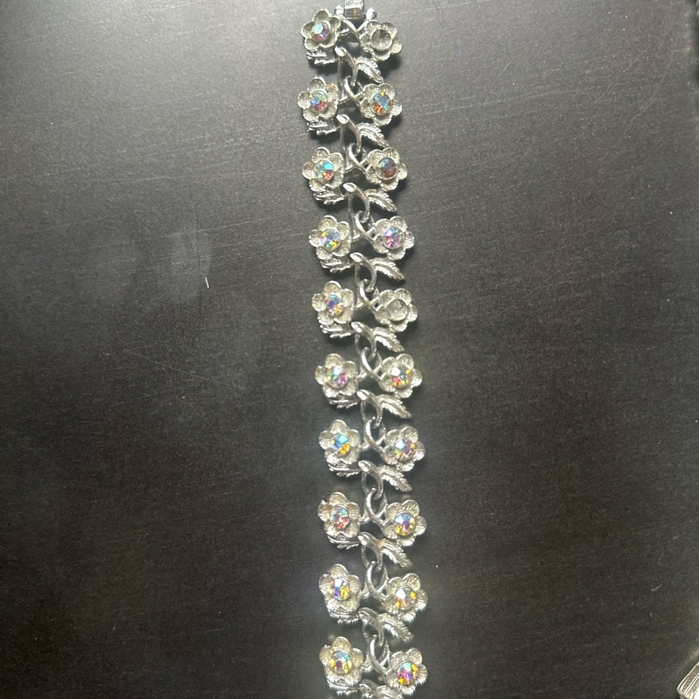Vintage 1950’s Floral Silver Bracelet with Gem Accents